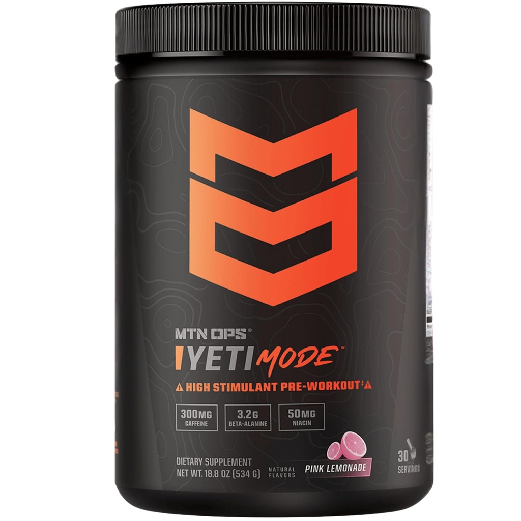 MTN OPS Yeti 형태 전 운동 분말 - 300mg Caffeine, Creatine Monohydrate, Beta-Alanine 및 45mg Niacin - 분홍색 레몬 풍미를 가진 폭발성 높 자극제