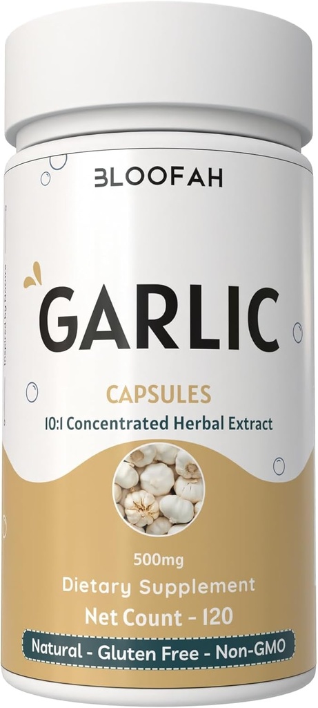 마늘 캡슐 500mg | 농축 10:1 추출 분말 | Allium sativum | Non-GMO, Gluten-Free | 인공 첨가물 없음 | GMP 인증 | 무취 및 테이크 아웃 (120 카운트)