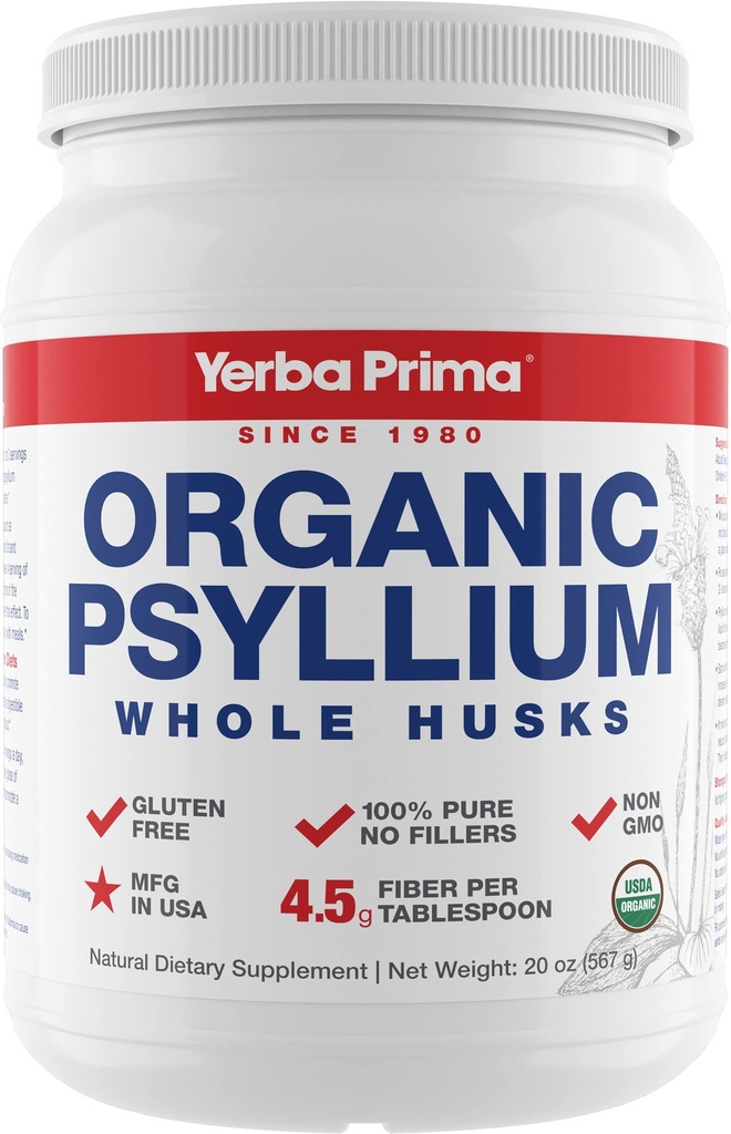 Yerba Prima Organic Psyllium Whole Husks Colon Cleanser - 20 온스 - 천연 일일 다이어트 섬유 보충 20 온스, 콜론 클렌저, 정기 및 해독 청소 지원, 글루텐 무료, 비 GMO, 비건
