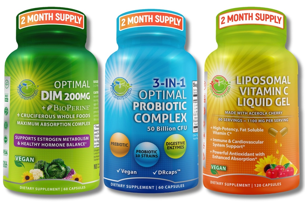 Hormonal, 소화 및 면역 지원 번들 - BioPerine®와 DIM 200mg & Crucshed Whole Foods + Vegan 3-in-1 Probiotic 50 억 CFU + Acerola Cherry와 Liposomal 비타민 C 1100mg - 필러 없음