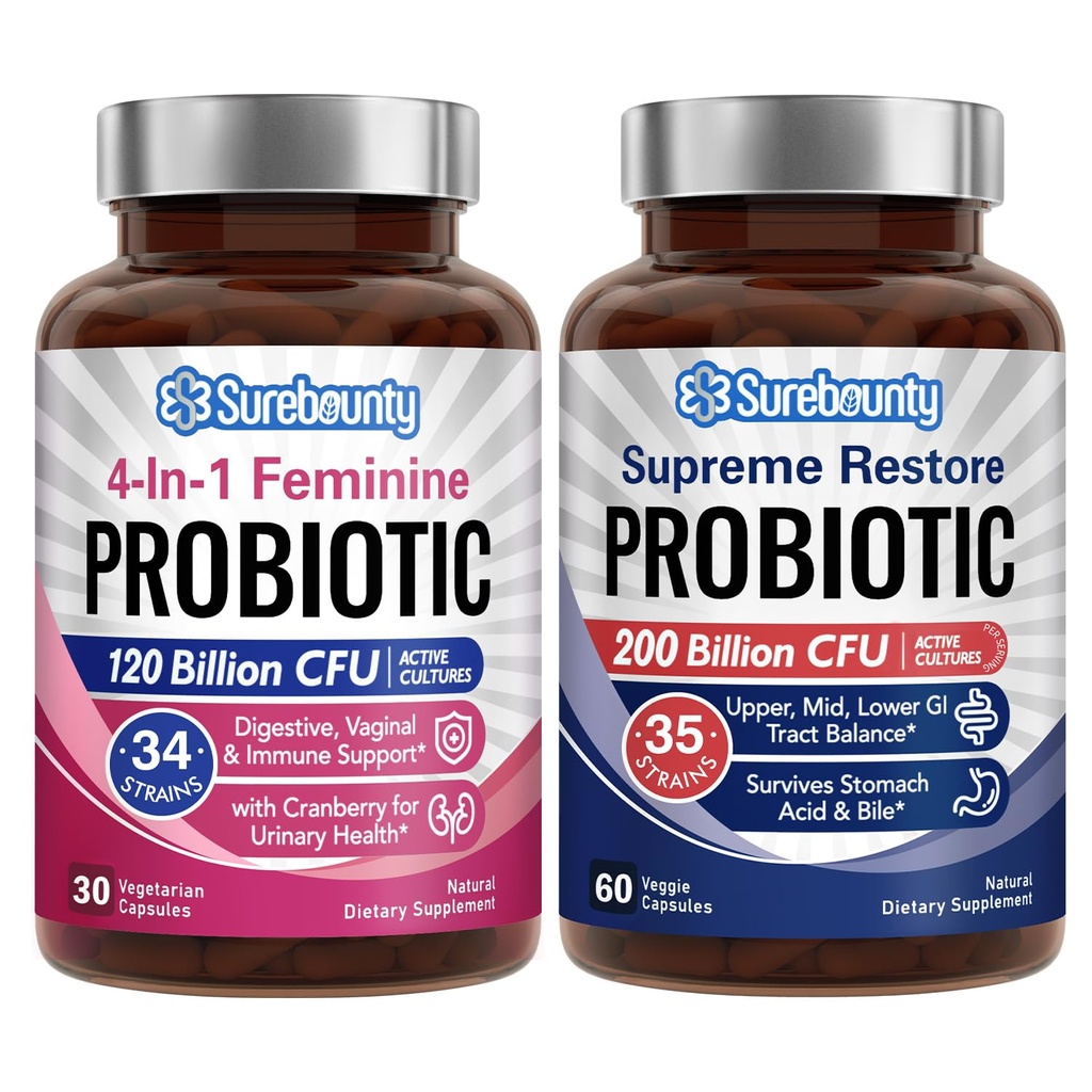 Probiotic 번들, 4-in-1 Feminine Probiotic (30ct) & Supreme Restore Probiotic (60ct), 2 팩, Cranberry Vaginal 지원, GI Tract Balance, Vegan, Non-Dairy