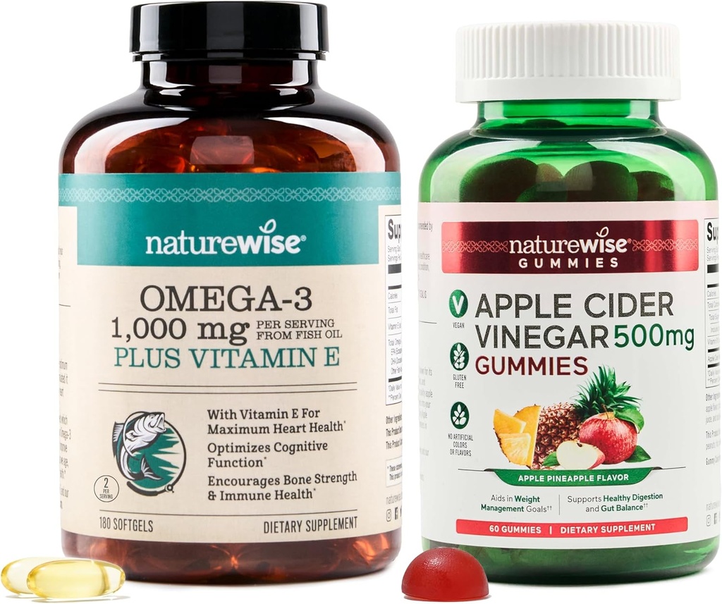 NatureWise Omega-3 Fish Oil 1000mg with E 180-Count+ Apple Cider Vinegar Gummies 500mg with B12, 60-Count (Vegan Gummy) - Heart, Eye, Digestive Health - 글루텐 무료, Soy-Free, Non-GMO