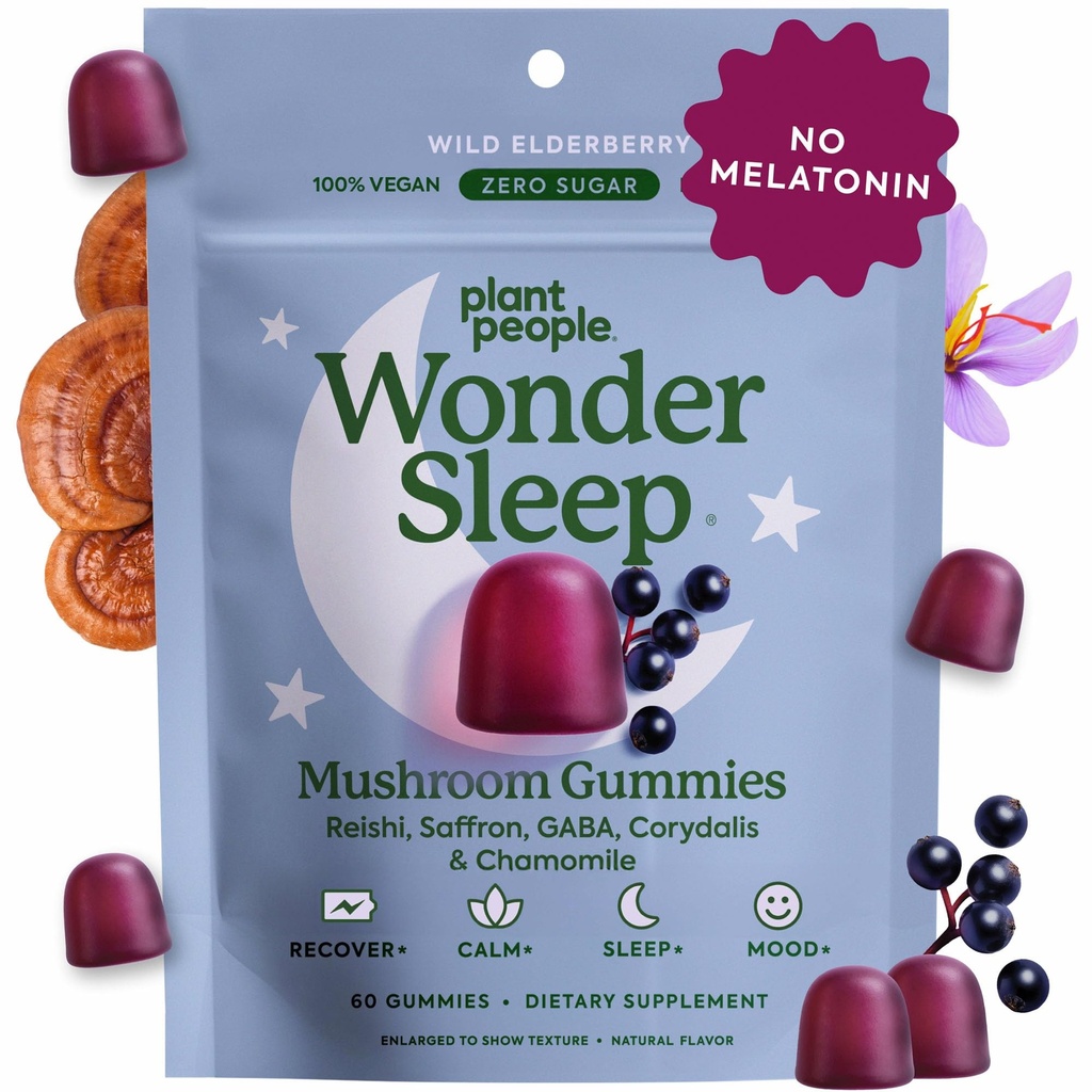 식물 사람들 WonderSleep 버섯 Gummies는 수면, Reishi Super Mushrooms, Wild Elderberry 풍미, Sugar-Free (60 개)로 멜라토닌을 보충합니다.
