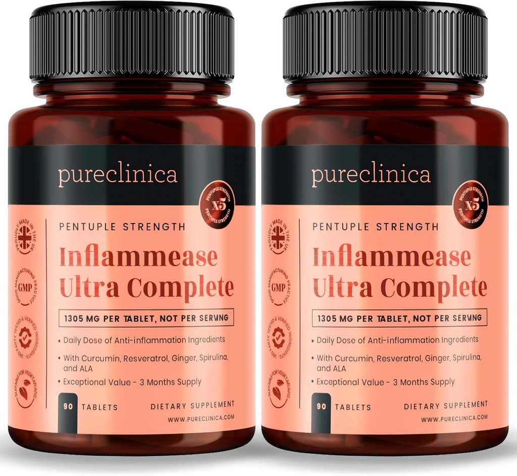 Pureclinica Inflammease Ultra Complete (Resveratrol, Ginger, ALA, Spirulina, Curcumin- 5 보충제) 1305mg x 180 정제 - 2 병 90 정제 - 6 개월 공급!