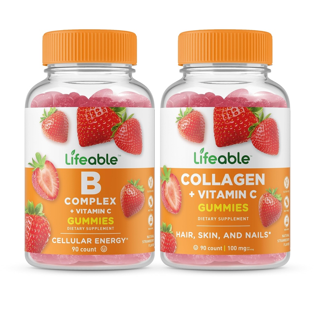 Lifeable B Complex + Collagen & Vitamin C, Gummies 번들 - 훌륭한 타스팅, 비타민 보충, 글루텐 무료, GMO 무료, Chewable Gummy