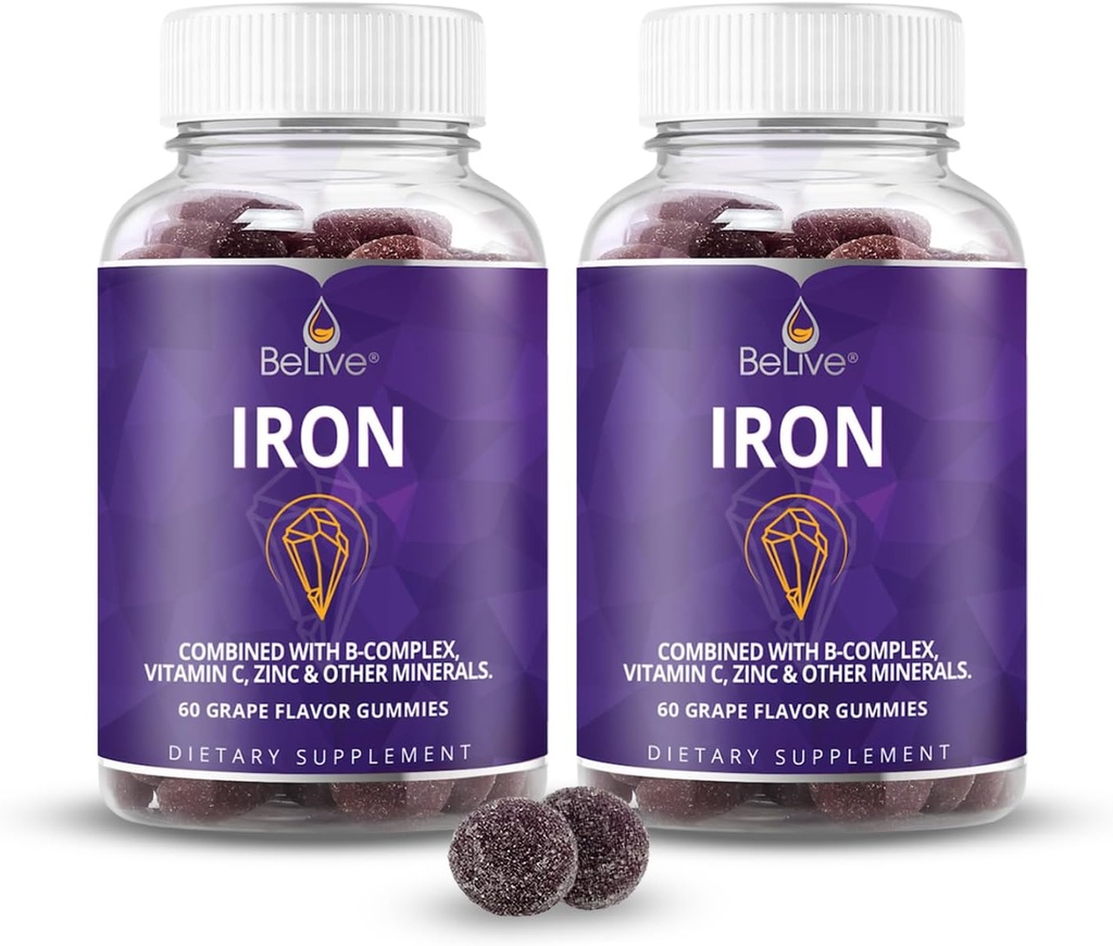 BeLive Iron Gummies - 비타민 C, A, B 및 아연을 가진 Multivitamin 철 보충교재는, 성장과 발달을 위한 여자, 남자 & 아이를 위한 혈액 산소, 채식주의자 보충교재를 지원합니다 - 포도 풍미 | 2-Pack
