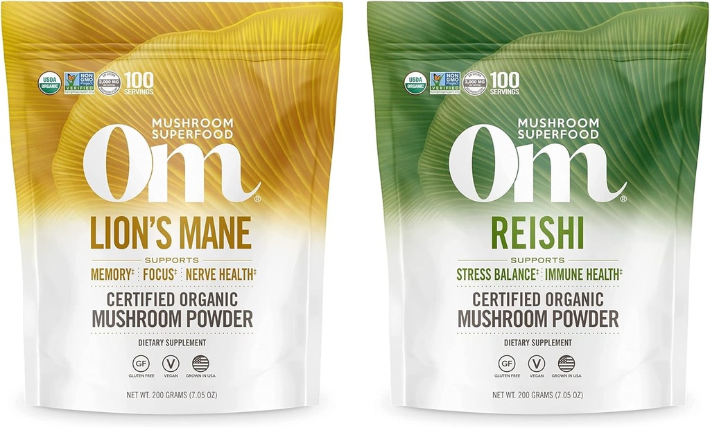 OM MUSHROOM SUPERFOOD 7.05oz 뭉치, 사자 Mane & Reishi 유기 버섯 분말, 200의 서빙