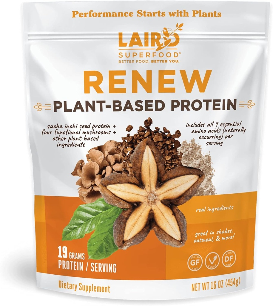 Laird Superfood Renew Plant-Based Protein Powder, 19 Grams Protein, Sasha Inchi Seed Protein, Four Functional Mushrooms, Preservative Free, Gluten-Free, Dairy-Free, 16 oz와 Vegan. 부대시설