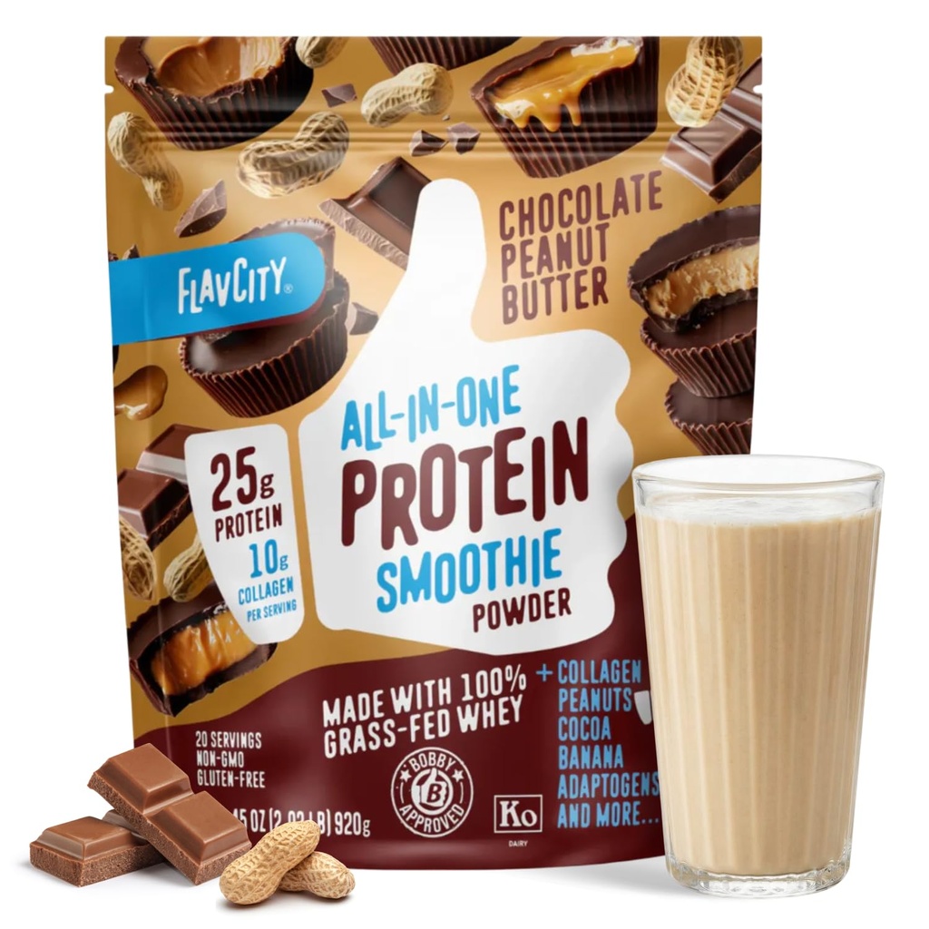 FlavCity Grass Fed Whey Chocolate Protein Powder - 초콜릿 땅콩 버터 - 25g Protein & 10g Collagen - 유기 코코아 및 코코넛 밀크로 만든 - 글루텐 무료 및 추가 설탕 (20 인분)
