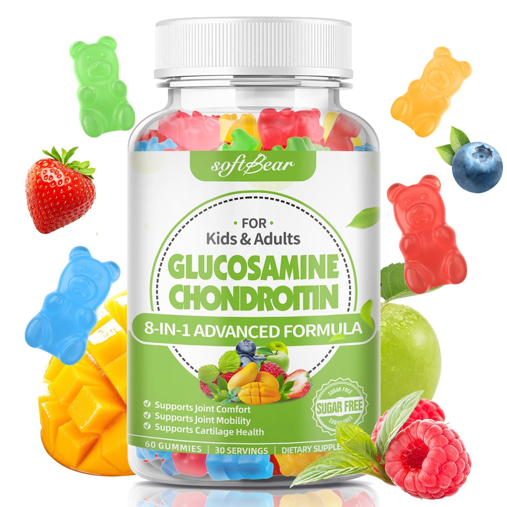 성인을 위한 softbear Glucosamine Chondroitin Gummies, 설탕 자유로운 Chondroitin & 합동 지원을 위한 글루코사민 영양 보충교재, 혼합 과일 풍미, 60 조사