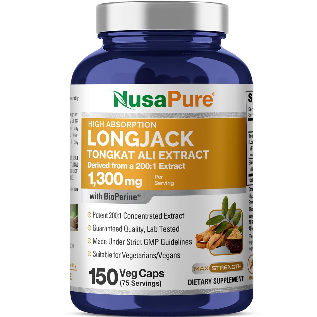 NusaPure Longjack Tongkat Ali 260,000mg 150 Veggie 모자 (비 GMO, 글루텐 무료) Bioperine