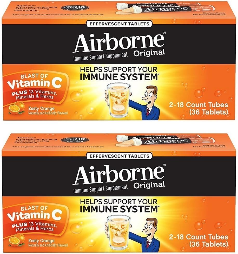 Airborne 험악한 오렌지 Effervescent 정제 비타민 C 1000mg x 36 조사 (2 팩)
