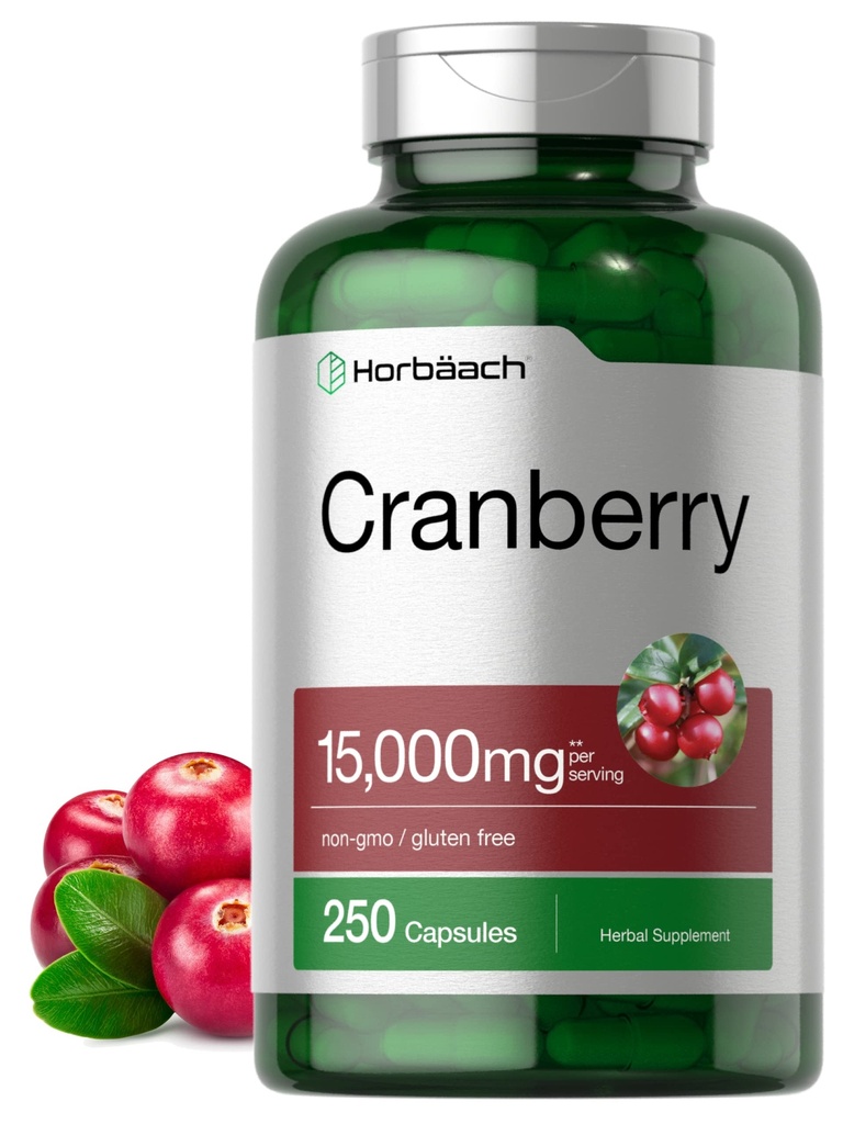 Horbäach Cranberry 알약 + 비타민 C | 15,000mg | 250 캡슐 | 농축 추출물에서 비 GMO 및 글루텐 무료 보충
