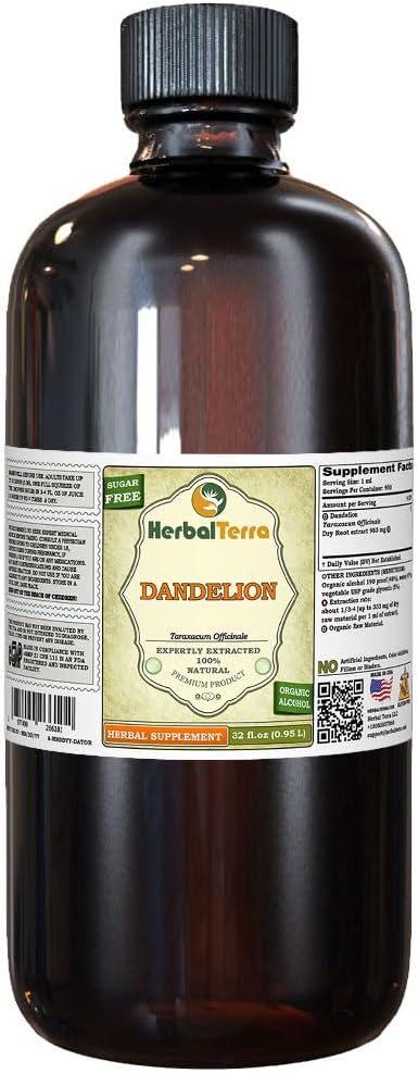 Dandelion (Taraxacum Officinale) Tincture, 유기 건조 뿌리 액체 추출 (브랜드 이름: HerbalTerra, Proudly Made in USA) 32 fl.oz (0.95 l)