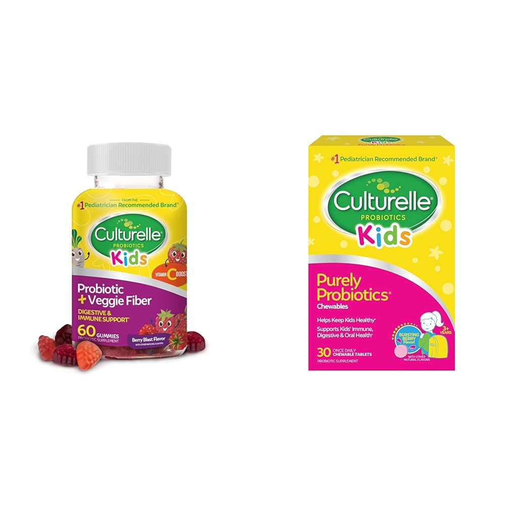 Kids + Veggie Fiber Gummies (Ages 3+) - 60 Count & Kids Chewable Daily Probiotic for Kids, Ages 3+, 30 Count