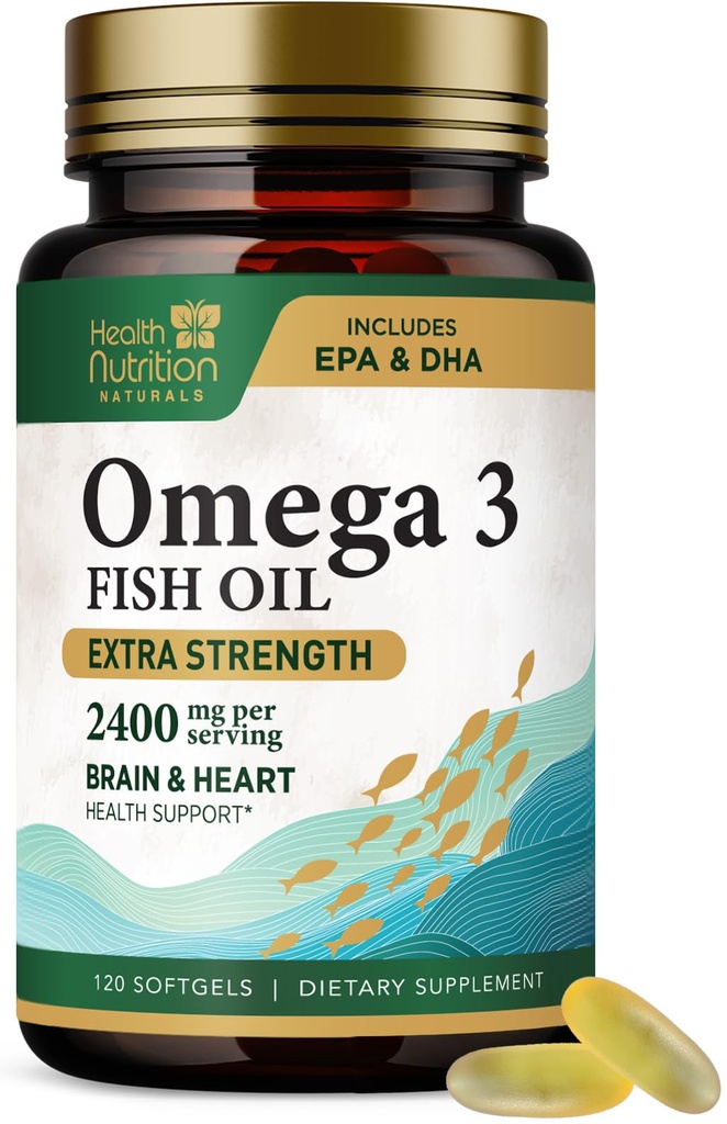 오메가 3 생선 기름 2400 mg - 트리플 강도 오메가 3 보충제 - 천연 두뇌 심장 건강 및 면역 지원 - EPA 및 DHA와 지방산 - 야생 잡힌 정제 생선 기름 보충 - 120 Softgels