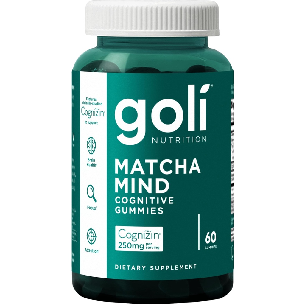 Goli Matcha Mind Gummies - 60 Count - Green Tea는 Focus, Attention 및 Brain Health, Vegan, Non-GMO, Gluten-Free & Gelatin Free 용 Cognizin과 함께 분말을 제거합니다.