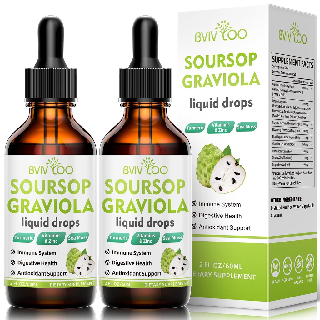 2 팩 Soursop Graviola 액체 드롭 - 300mg Sea Moss & 100mg Elderberry와 혼합 된 2000mg 순수한 Soursop 추출물 - 강력한 세포 지원, 항산화 - Rich, 면역 - Boosting - 4 Fl Oz (120ml) 병