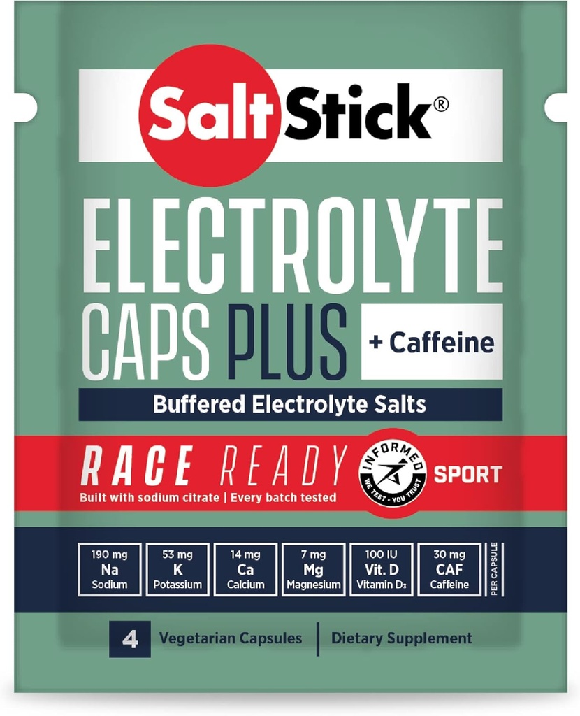 SaltStick Race 준비된 전해질 캡슐과 카페인 | 96 캡슐 | 달리기 용 소금 알약, 히드라 션, 근육 크림 | 24 패킷, 4 캡슐 각각 감소