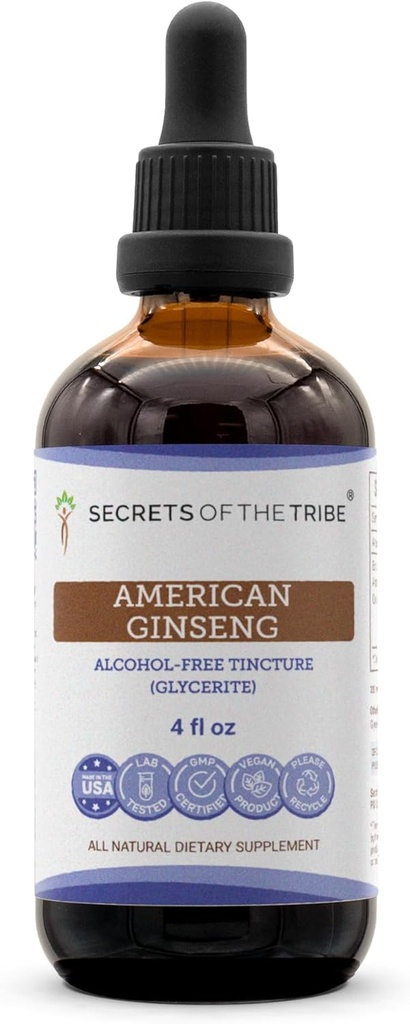 Tribe American Ginseng Tincture Alcohol-Free Liquid Extract의 비밀, 농장 재배 미국 인삼 (Panax Quinquefolius) 건조 뿌리 (4 FL OZ)