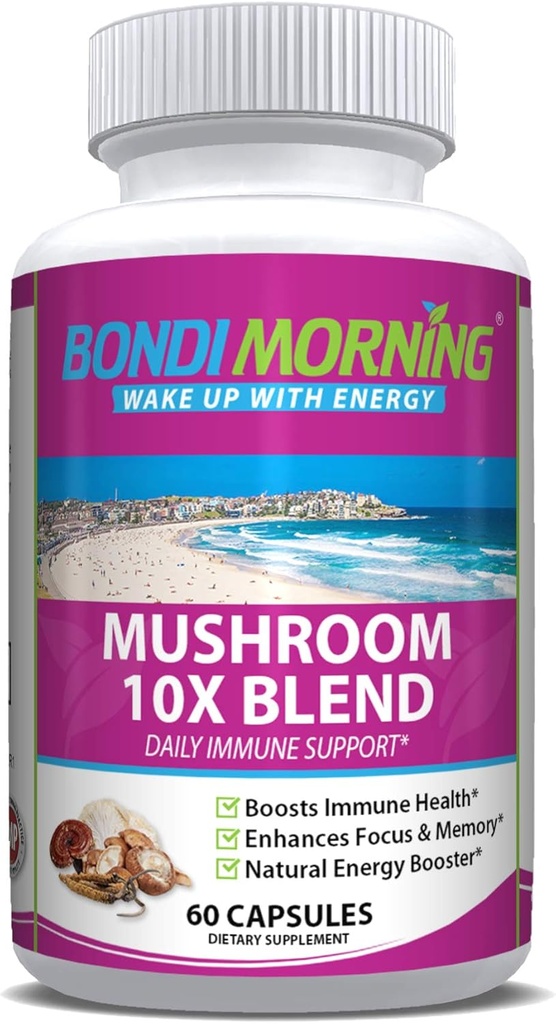 버섯 Complex Immune Support Supplement – 10X Blend with Cordyceps, Reishi, Lion’s Mane, Chaga Mushrooms for Brain Health, Natural Energy Boost, Immune Defense, 60-Count
