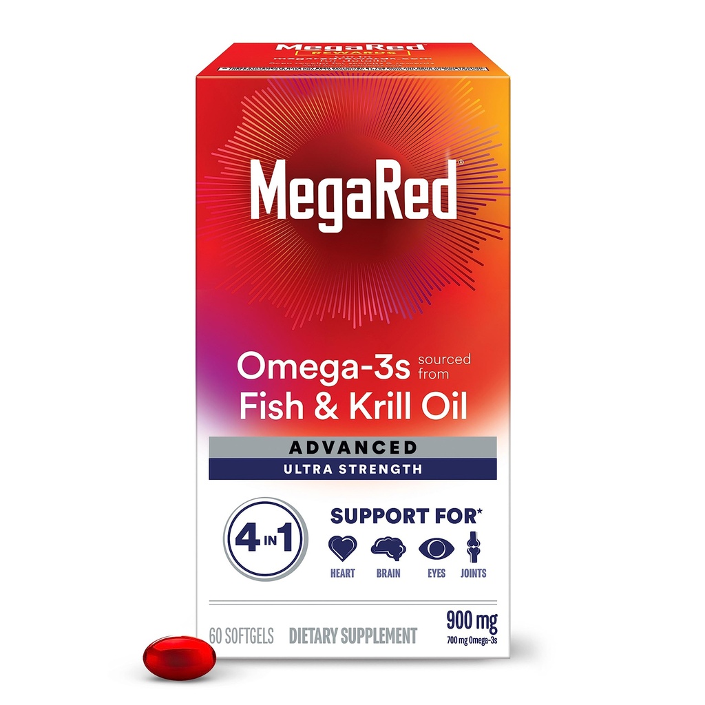 Megared Omega-3 물고기 & 크릴 기름 보충교재 900mg - MegaRed 진보된 4in1, 60 softgels, 2x 더 Omega-3, 심장, 합동, 뇌 및 눈 보충교재, 빨강, 60 조사
