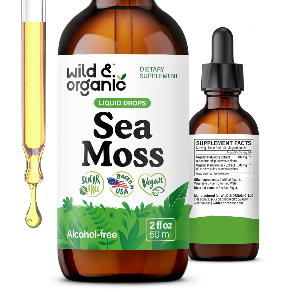 Wild & Organic Sea Moss Liquid Drops - 면역 지원 - 아일랜드어 Sea Moss 및 Bladderwrack Tincture - 다민족 Chondrus Crispus Supplement - Vegan, Sugar & Alcohol-Free - 2 fl oz