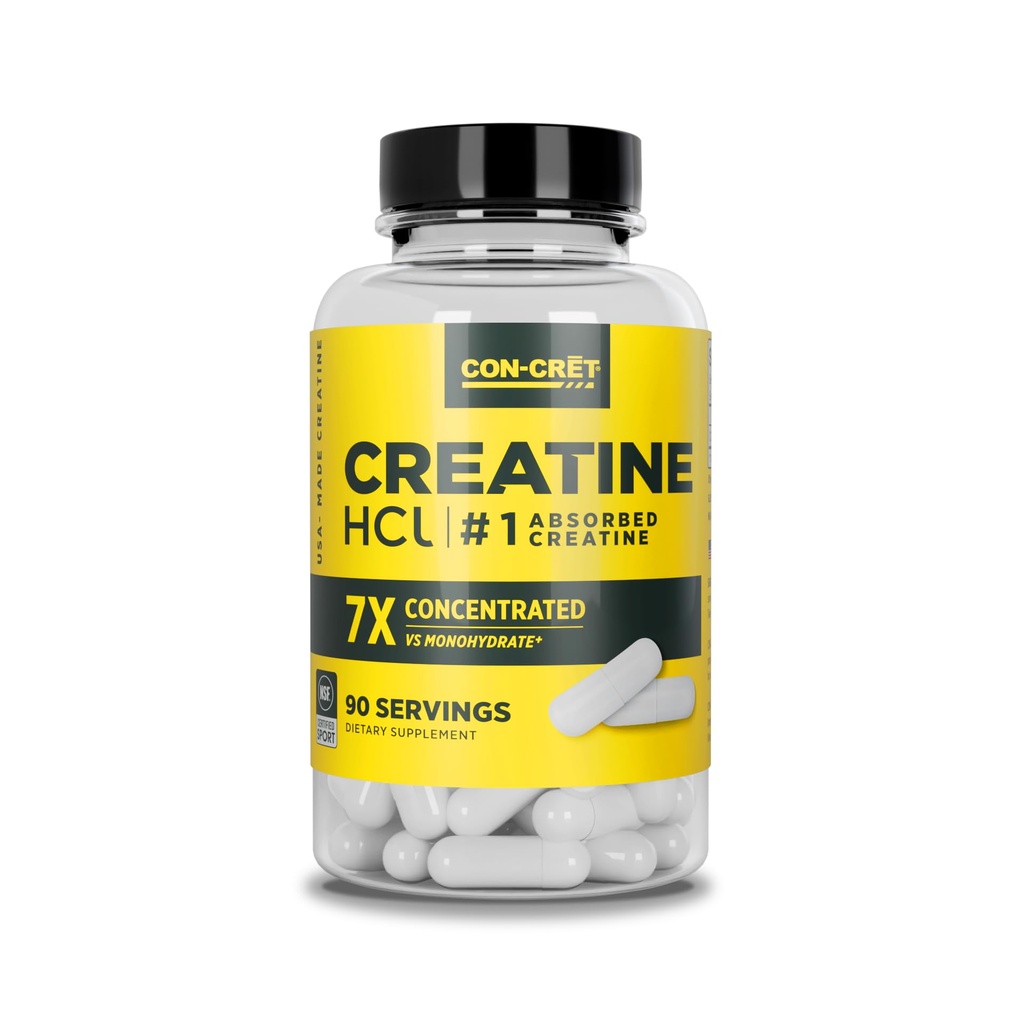 CON-CRET Creatine HCl 캡슐 | 근육,인지, 세포 에너지 지원 | Bloating or Cramps | USA Made & NSF Certified | Creatine Pills (90캐럿)