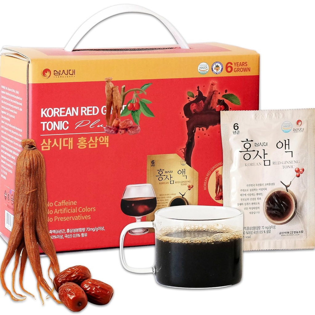 SamSiDae Korean Red Ginseng Tonic – Jujube & Cornus Fruit Extract의 6년 성장한 뿌리 – Caffeine-Free Herbal Supplement – 에너지 및 면역 건강 지원 – 20가지 편리한 일일 파우치