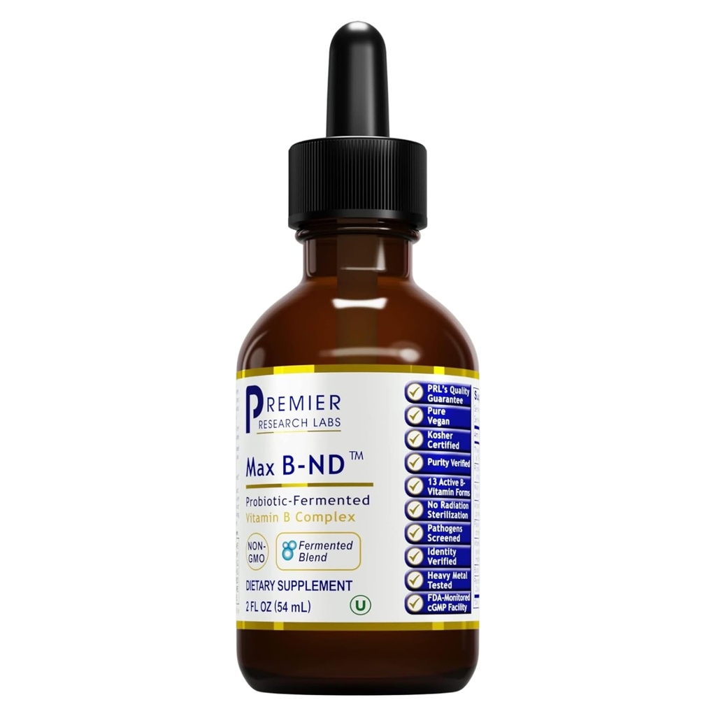 Premier Research Labs Max B-ND Liquid Vitamin - B-Complex for Liver & Brain Health - 에너지, 면역 및 아드레날린 지원을위한 하위 언어 드롭 - 2 fl oz - Thiamin, B12, B6 & More - 남성, 여성