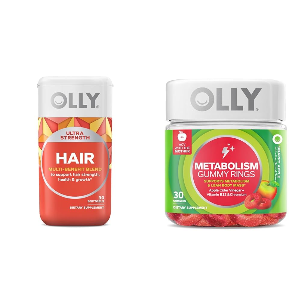 OLLY Ultra Strength Hair Softgels, 모발 건강, Biotin, Keratin & Metabolism Gummy Rings, Apple Cider Vinegar, 비타민 B12, 크롬 지원