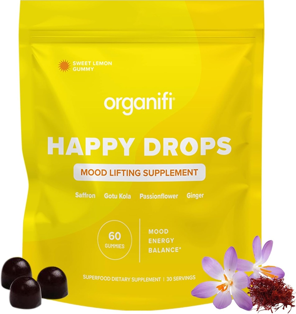Organifi 해피 드롭 - 성인을위한 매일 슈퍼 푸드 해피 구미 - 균형, 블리스, 에너지 및 가장자리에 대한 무드 지원 보충 - 달콤한 레몬 맛 - 60 구미