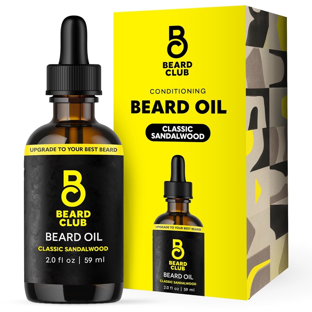 남성을위한 Beard Club Beard Oil - 2oz Classic Sandalwood Natural Beard Oil with Castor & Amber Oils - Beard & Mustache 컨디셔너 - Hydrates, Softens & Soothes Dry Skin - 강도 헤어 Follicles
