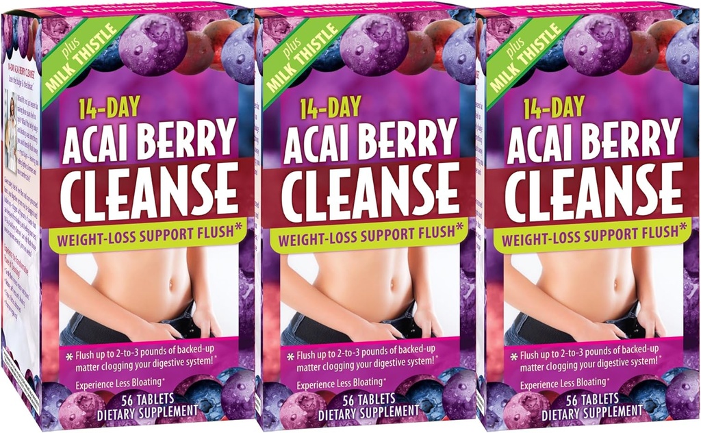 Applied Nutrition 14-Day Acai Berry Cleanse - 56 정제, 3 팩 - 무게 - Losss Support Flush + Milk Thistle - 84 총 서빙