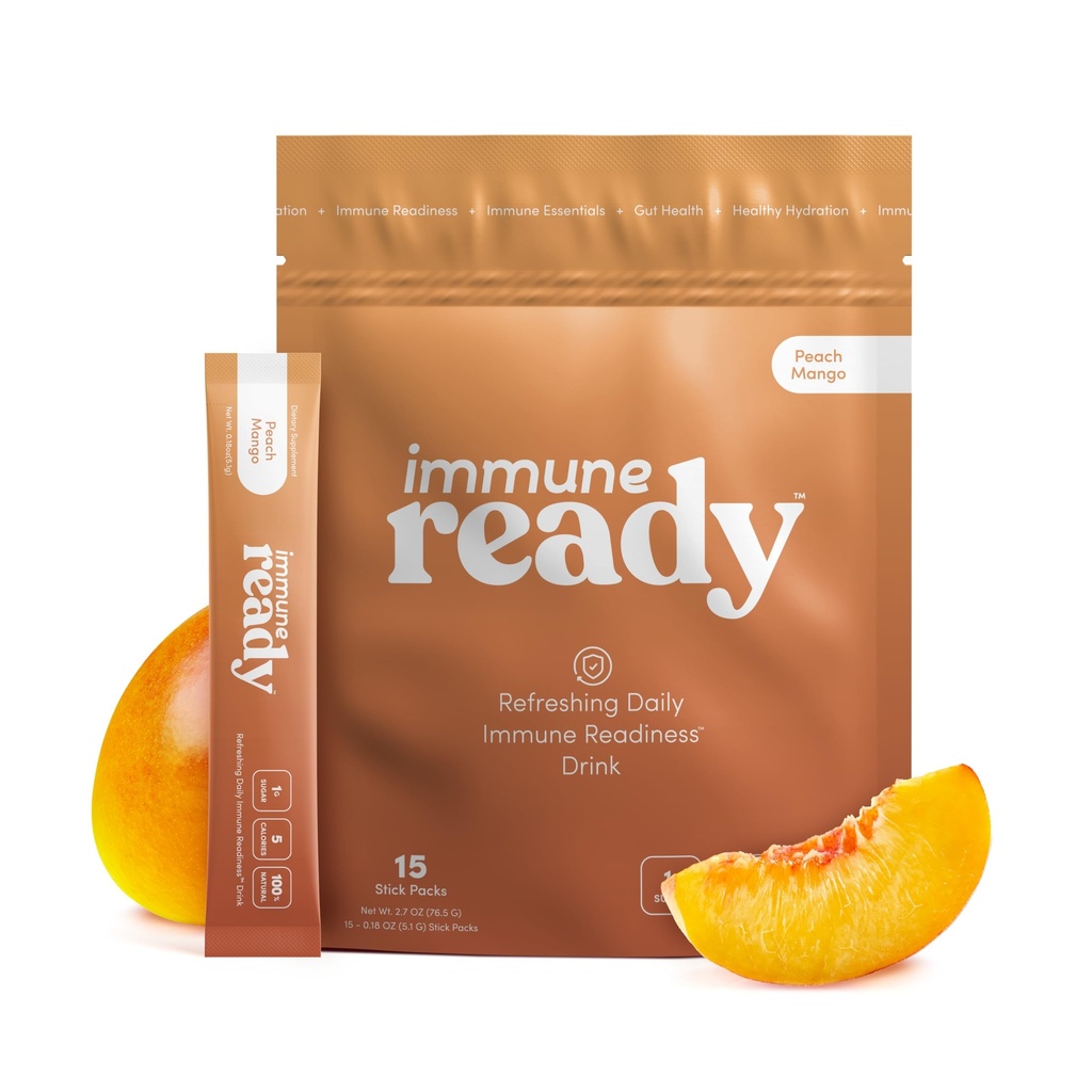 Immune ReadyTM Electrolytes Powder Packets - 면역 부스트 음료 혼합 비타민 C, 아연 Picolinate, Inulin 분말 & Beta Glucan - Sugar-Free Peach-Mango, 15 서빙