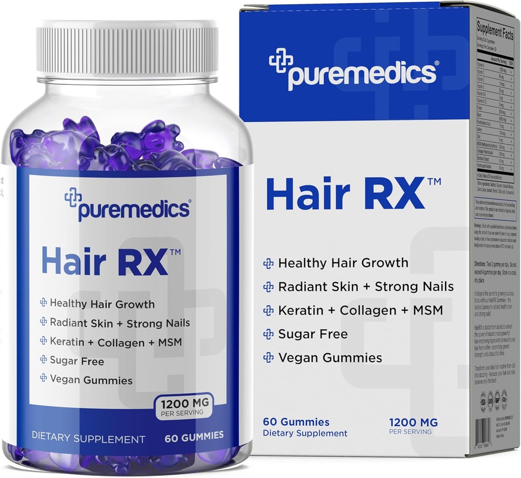 HairRX Biotin 6000mcg Vegan Gummies for Beautiful Hair and Nails - Collagen, Panthonthenic Acid, Iodine, Bamboo, 코코넛 오일, 아연, 여성 및 남성용 MSM (1 개월 공급)