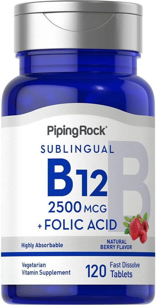 Piping Rock Vitamin B12 하위 언어 | 2500 mcg | 120 정제 | Folic Acid | 여성과 남성용 보충 | 베리 맛 | 채식주의, 비 GMO, 글루텐 프리