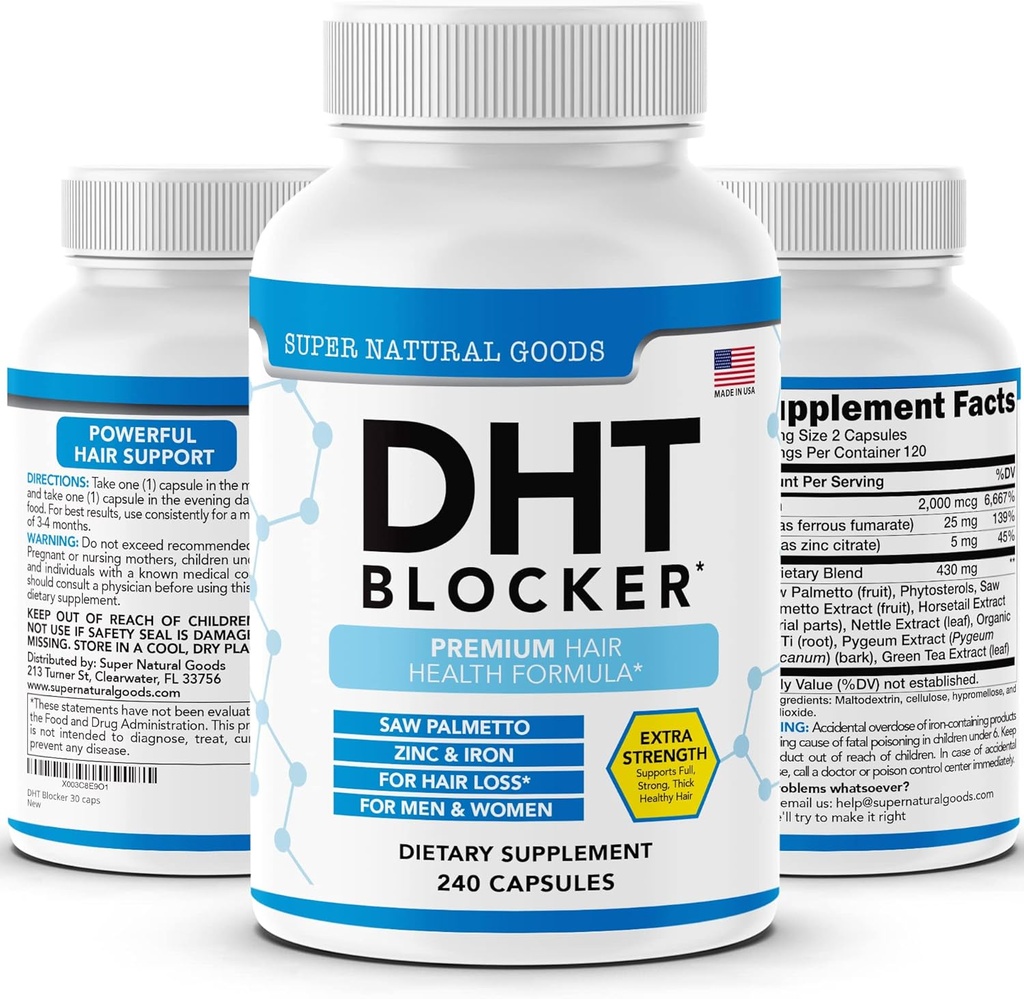 DHT Blocker - 남성 및 여성을위한 유전 적 Thinning을위한 머리 성장 보충교재 - Saw Palmetto, Biotin & Iron - Follicle 성장 보조제 환약과 함께 탈모 및 자극