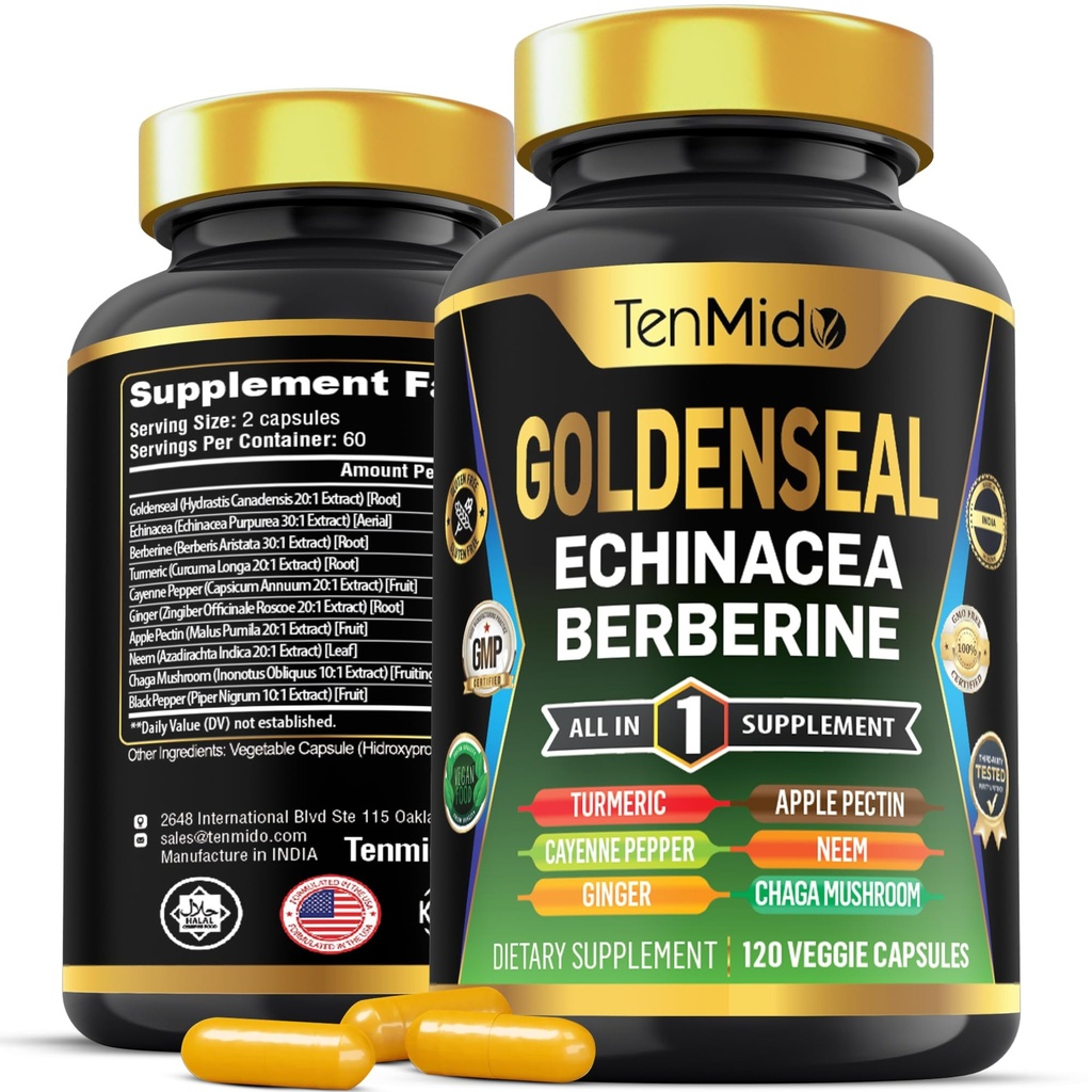 Goldenseal 뿌리 보충교재 - 10in1 공식 - Echinacea, Berberine, Turmeric, Cayenne Pepper, Ginger, Apple Pectin, Neem 및 더 - 소화 건강 지원 - 120의 캡슐에 넣으십시오