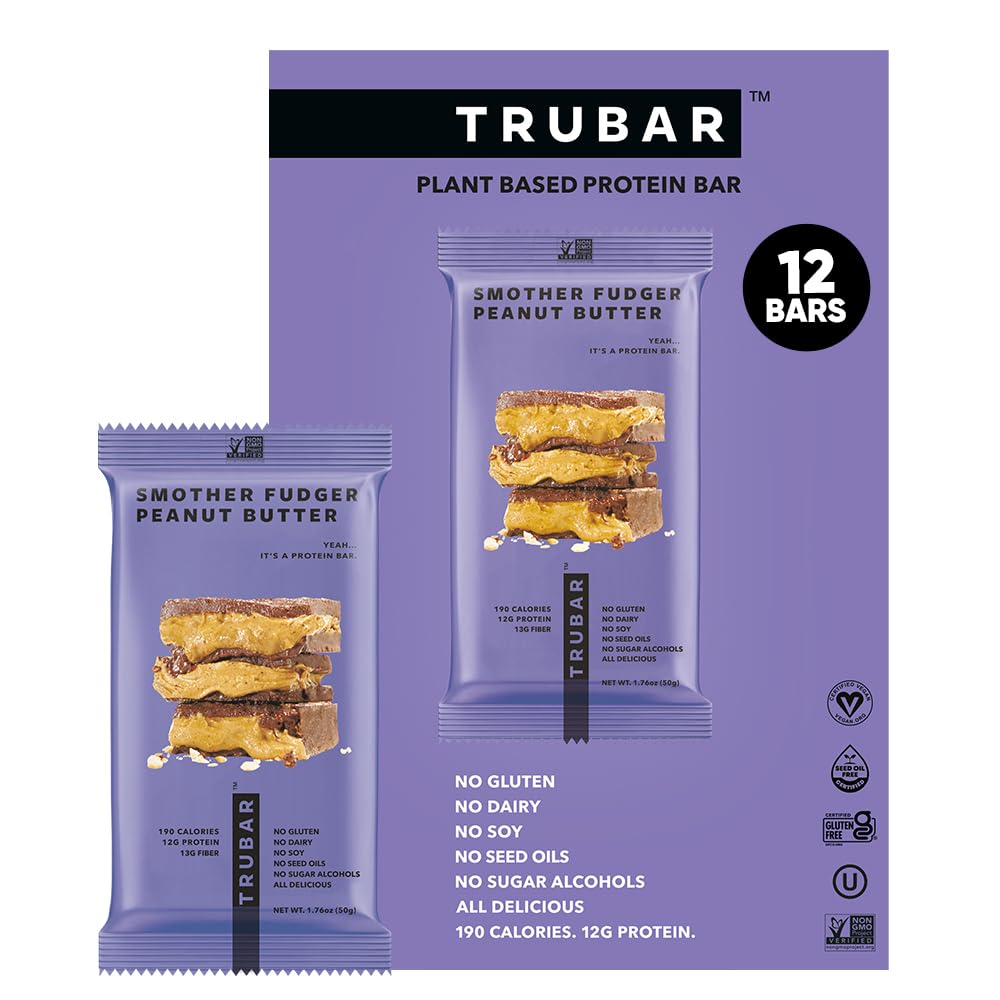 TRUBAR Vegan Protein Bars - Smother Fudger Peanut Butter, Soy Free, Dairy Free, Gluten 무료 Protein Bar - 설탕 알코올 없음 - Non-GMO - 12g of Protein - 12 Count