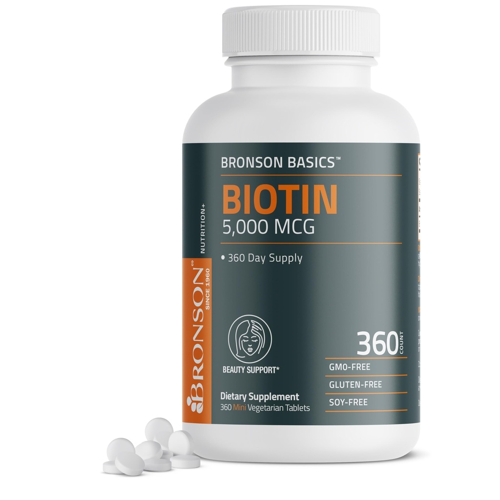 Bronson Biotin 5,000 MCG는 건강한 머리, 피부 & 못 & 에너지 생산을 지원합니다 - 높은 힘 아름다움 지원 - Non-GMO, 360 채식주의자 정제