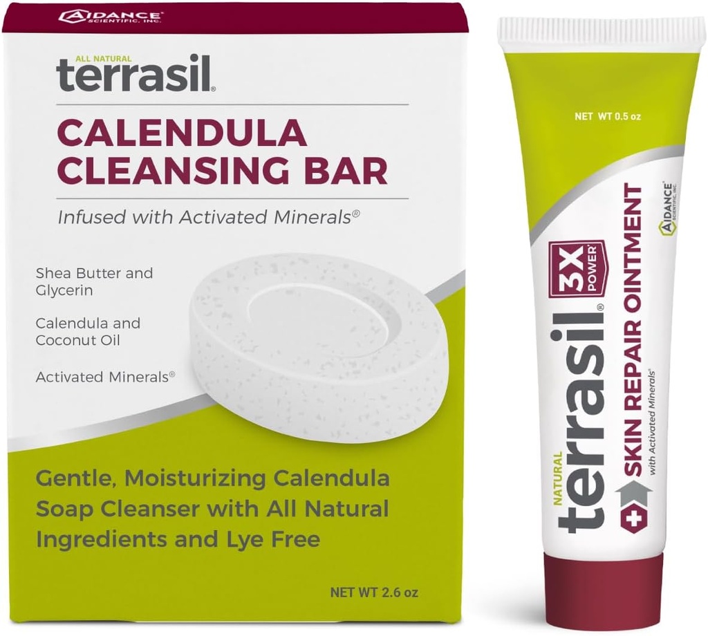 terrasil 피부 수리 및 Calendula 수염, Folliculitis, Impetigo, Lichen Sclerosis, Boil, Pitted Keratolysis, Soothing Relief & Supports Healing (.5oz 관 & 비누 바)