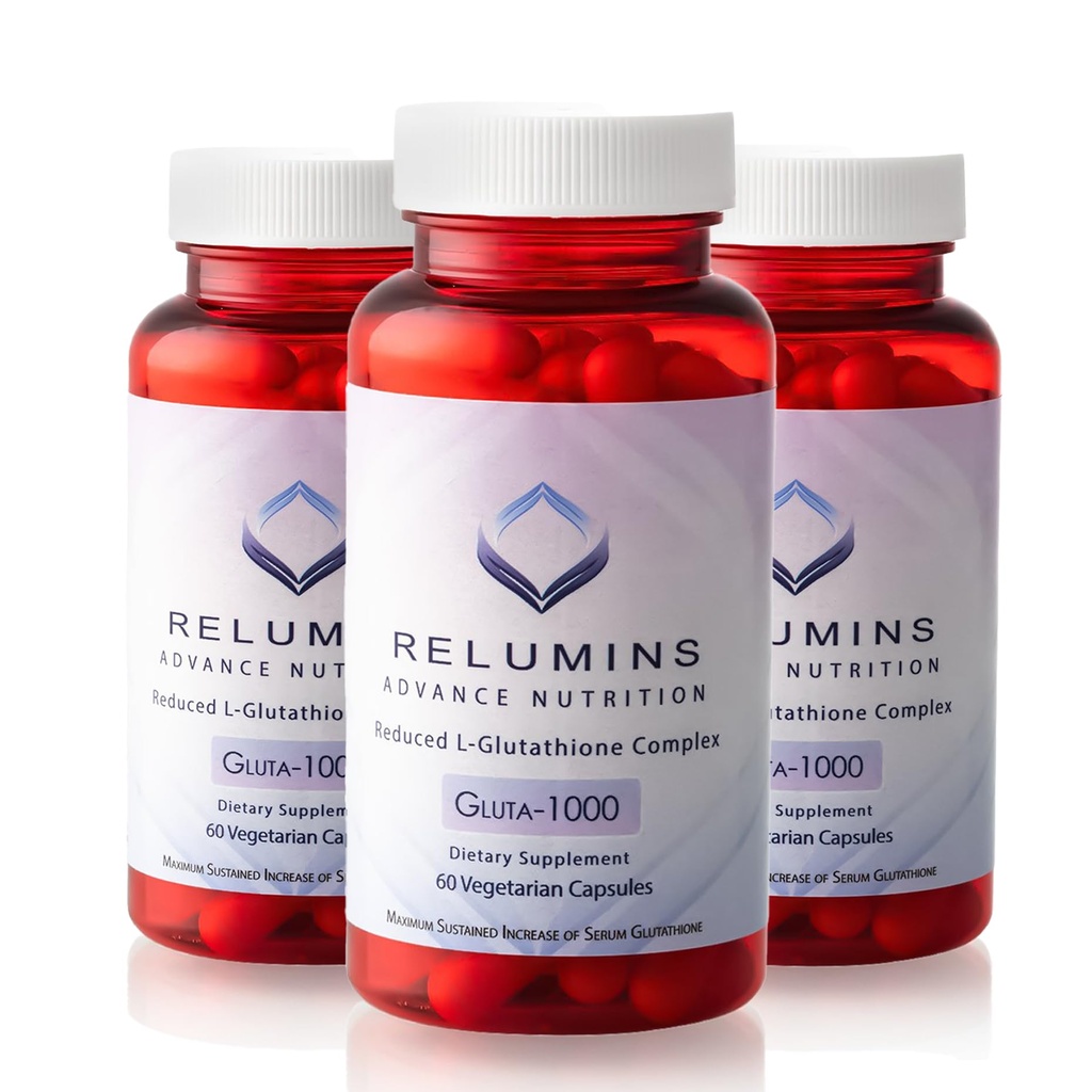 Relumins Advance Nutrition Gluta 1000 - L-Glutathione, 알파 Lipoic Acid & Rose HIPS 감소 - 피부 및 전반적인 웰빙에 대한 산화 지원 - 60 Veg 캡슐 x 3 병 (90 일 공급)
