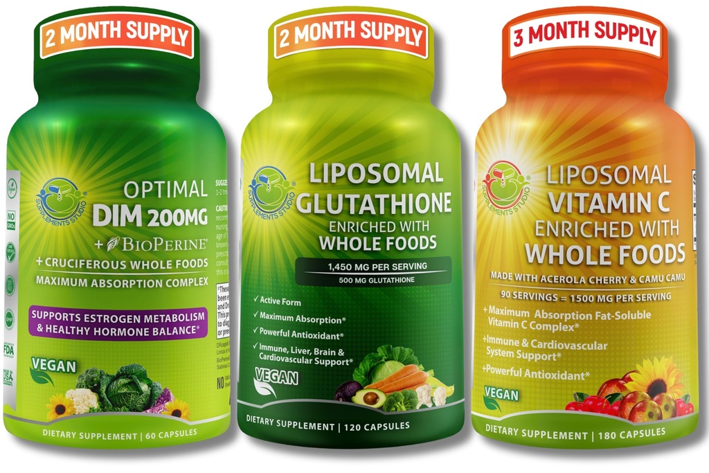 여성 및 남성을위한 총 면역, 호르몬 및 산화 방지제 지원 번 – Liposomal Glutathione 500mg + Liposomal 비타민 C 1500mg + DIM 200mg BioPerine® & Crucshed 전체 식품 - Vegan & Non-GMO