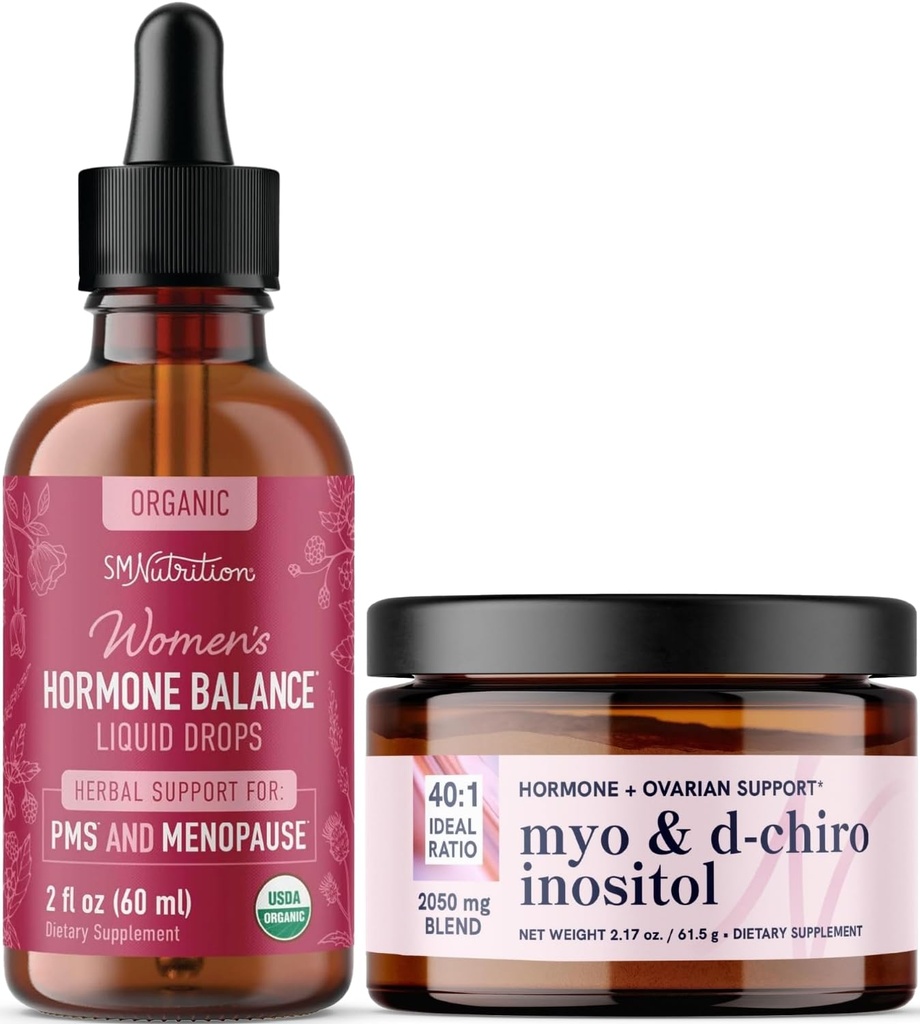 Myo-Inositol Powder Complex & Herbal Hormone Balance Tincture | Myo-Inositol & D-Chiro (30 서빙) 및 PMS Menopause & Menstrual Support Liquid (60 서빙)와 함께 묶는 호르몬 균형