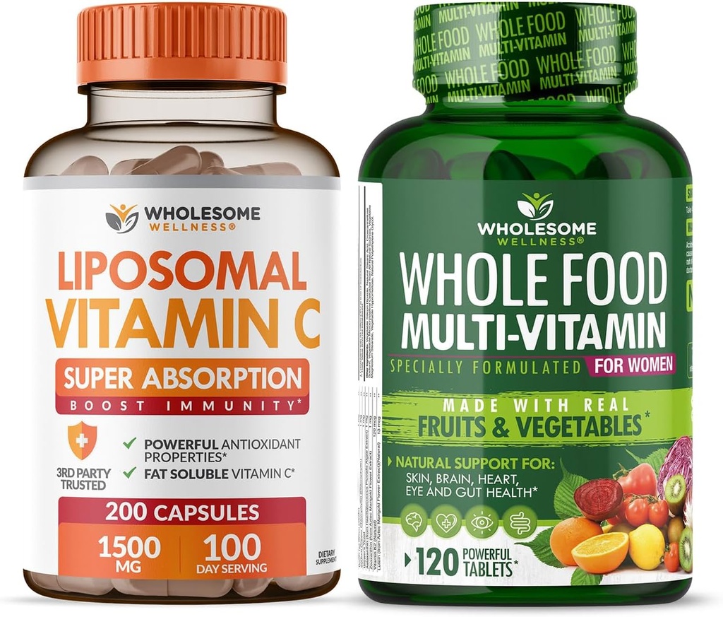 Wholesome Wellness Liposomal 비타민 C 캡슐 (200 알약 1500mg 버퍼) 여성을 위한 높은 흡수 VIT C + 전체적인 음식 Multivitamin - 자연적인 다 비타민, 무기물, 유기 추출물 뭉치