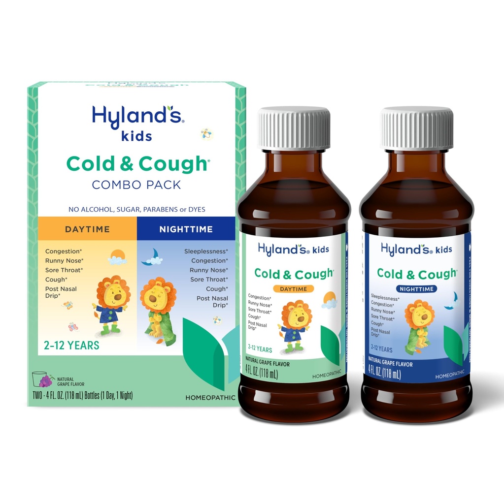 Hyland의 Kids Cold와 Cough, Day and Night Combo Pack, 2세 이상, 어린이용 포도 맛 Syrup Cough Medicine, Nasal Decongestant, 4 Fl Oz (Pack of 2)