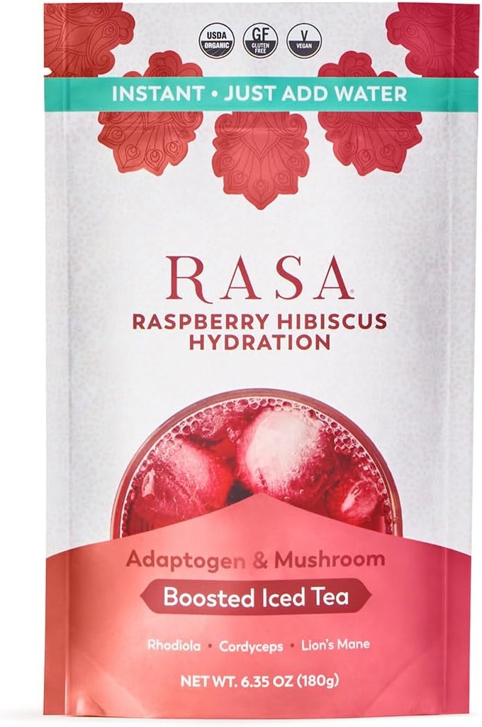 Rasa Raspberry Hibiscus Hydration | Adaptogens와 Mushrooms의 유기농 부스트 아이스 티 | 글루텐 프리, 프리미엄 일렉트로이트 파우더 드링크 믹스, 리프레시션 (6 oz / 24 서빙)
