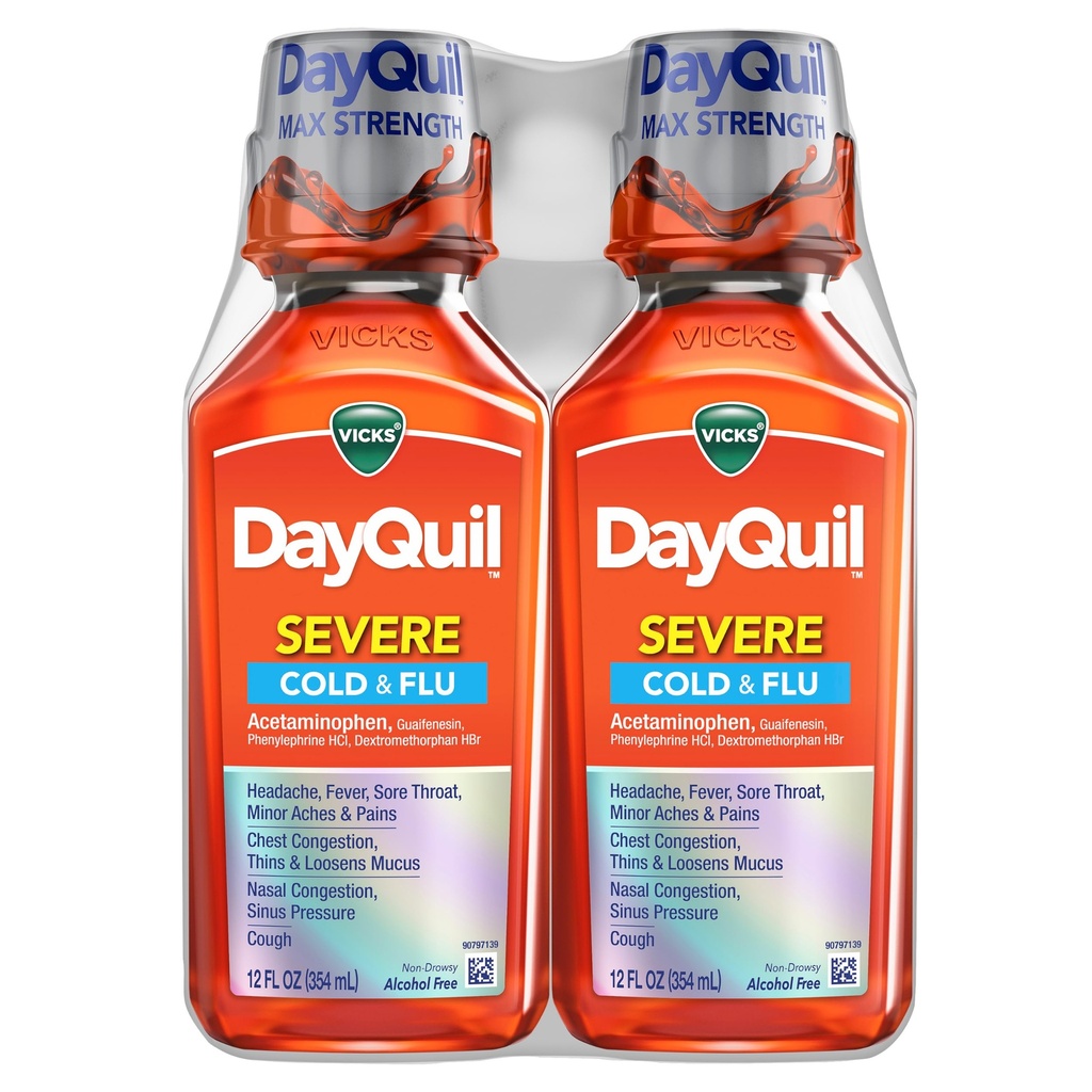 Vicks DayQuil Severe 찬 & 유출 액체 약, 두통을 위한 주간 기복, 간결한 목, Minor Aches & 고통, 가슴 혼잡, Stuffy 코, Nasal 혼잡, Sinus 압력, & 기침, 2x12oz