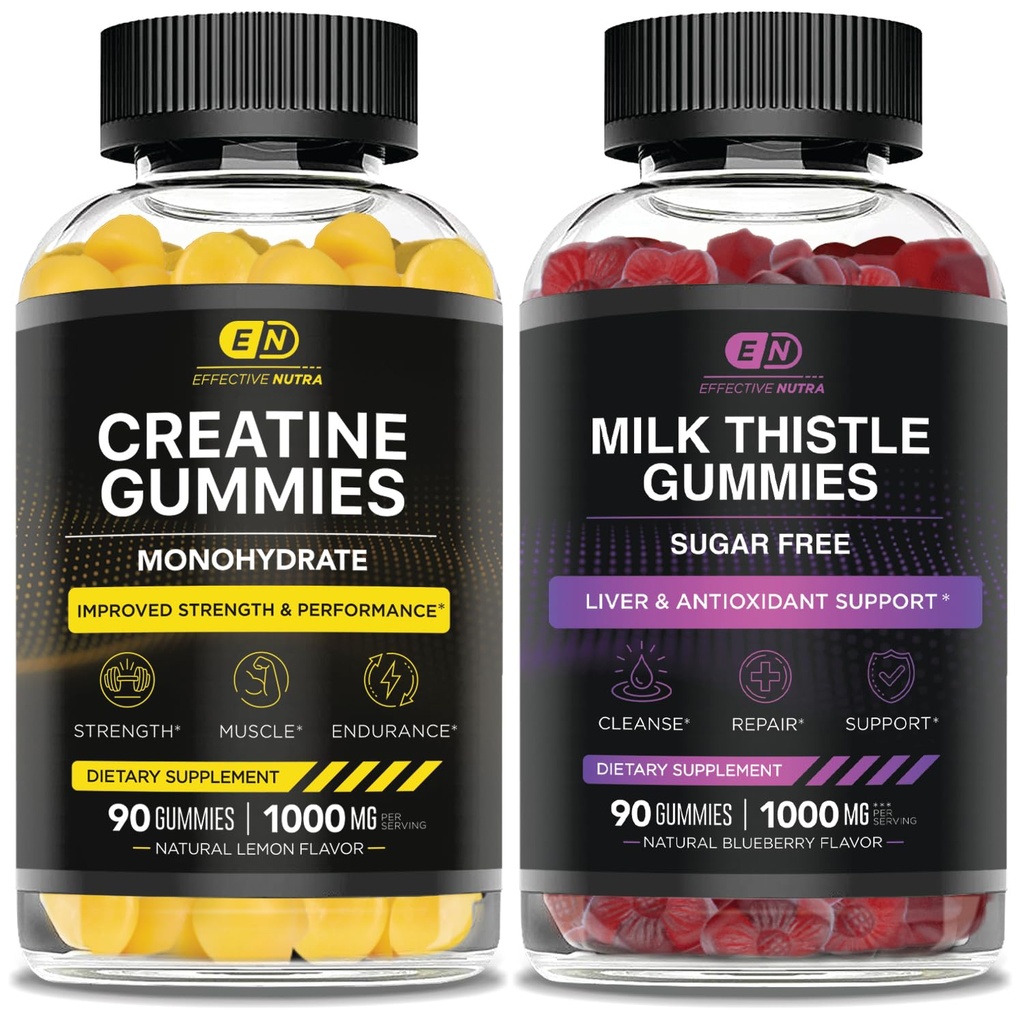 EFFECTIVE NUTRA 크레아틴 Monohydrate Gummies 90ct & 설탕 자유로운 우유 이틀 Gummies 90ct